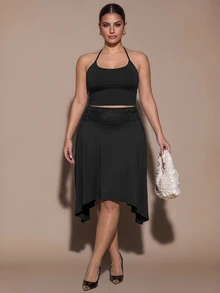 SHEIN BAE CURVE 大尺碼女款純色休閒百搭日常裙 - 黑色 - 查看 4