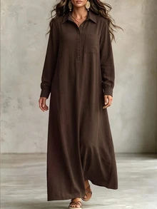 EMERY ROSE Plus Size Women's Autumn Fashion Casual Loose Everyday All-Match Versatile Small V-Neck Brown Batwing Sleeve Dress - Brown - View 6