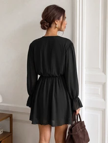 Easowa Women's Solid Color Ruffle Collar Long Sleeve Fashion Short Dress - Black - View 2