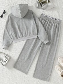 SHEIN Genkimix Kids 女童貓咪圖案拉鍊連帽外套與寬腿運動長褲2件套，休閒寬鬆運動休閒服 - 灰色 - 查看 2
