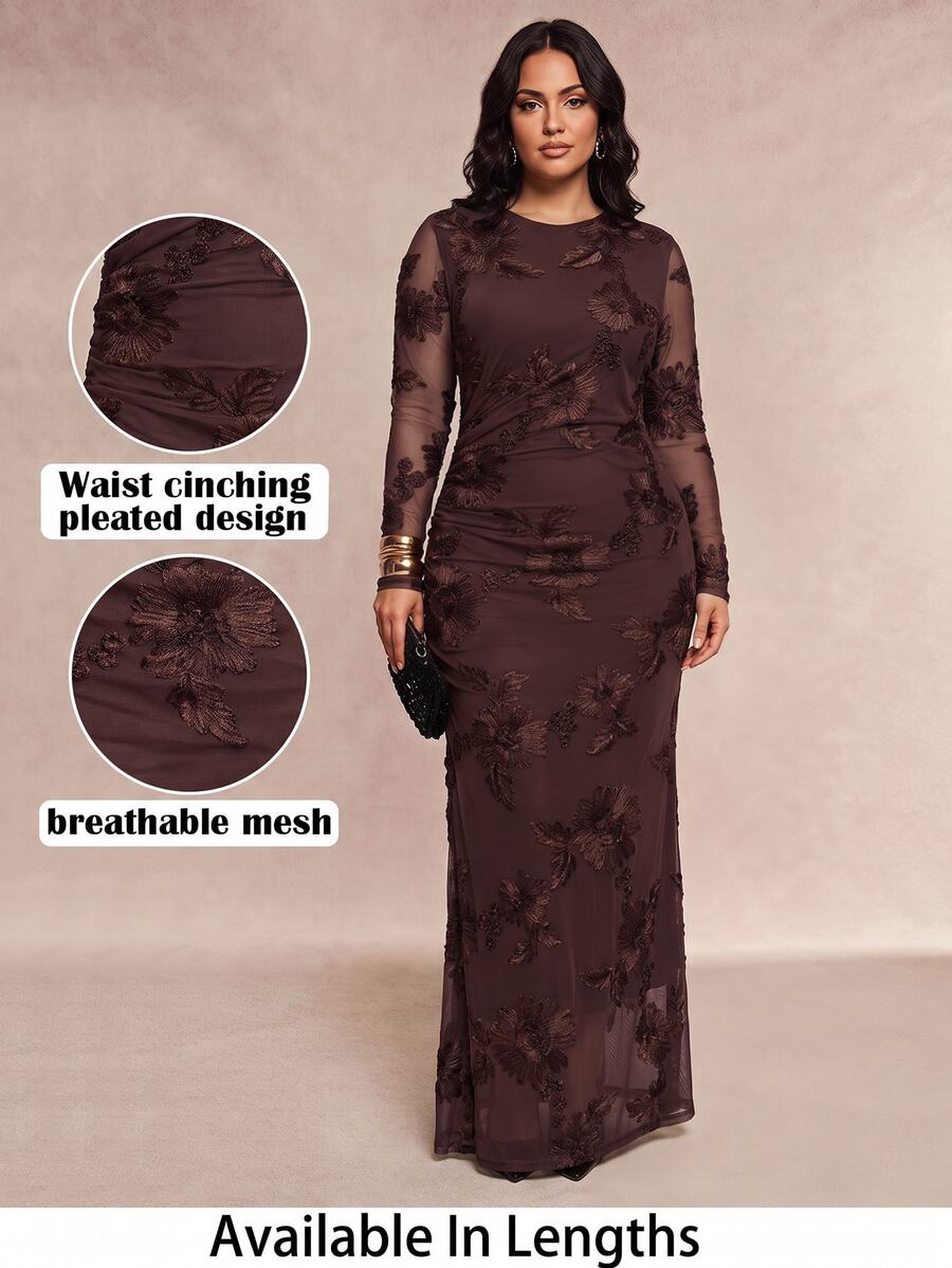 SHEIN Tall CURVE Plus Size Women's Jacquard Mesh Round Neck Long Sleeve Fitted Elegant Dress - Brown - View 1