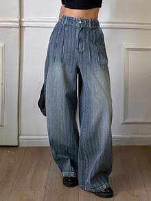 Livesso Celana Jeans Denim Kasual Wanita Warna Biru Pinggang Tinggi Kancing Dicuci, Potongan Lurus Longgar dan Lebar, Musim Gugur - Biru - View 5