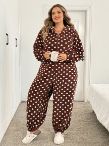 SHEIN CURVE+ Autumn/Winter Thermal Lined Brown Polka Dot Hooded Rabbit Ears Jumpsuit - Multicolor - View 6