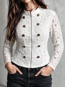 Velvienne Women's Plus Size Elegant Blouse With Patchwork And Frog Button Design, Suitable For Outings, Gatherings And Parties - White - View 1