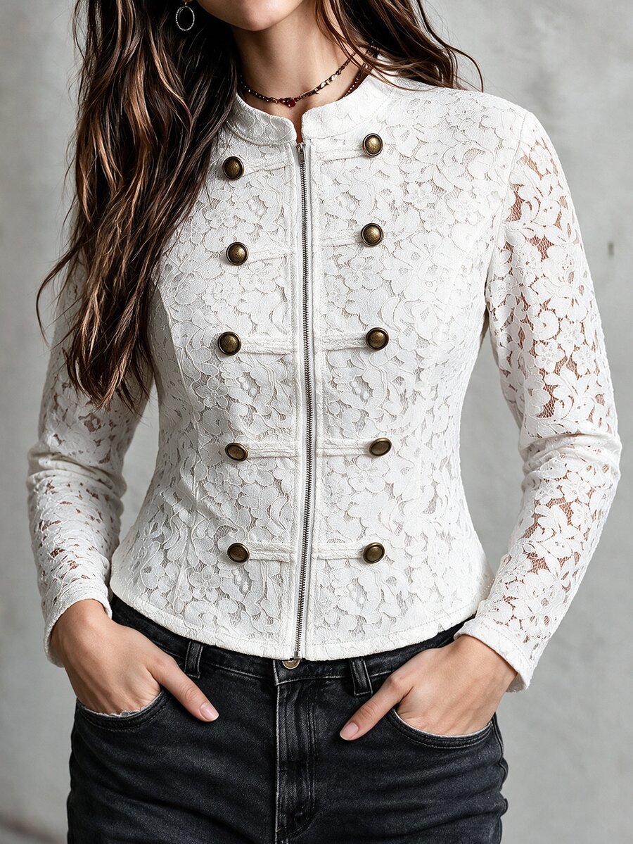 Velvienne Women's Plus Size Elegant Blouse With Patchwork And Frog Button Design, Suitable For Outings, Gatherings And Parties - White - View 1