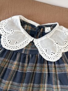 女童少女秋冬刺繡翻領蕾絲領梭織格紋拼接娃娃洋裝 寬鬆長袖復古學院風休閒棕色 - 藏蓝色 - 查看 5