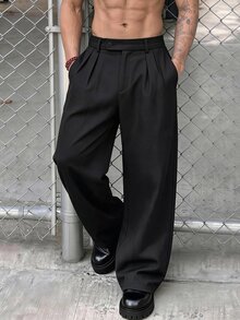 SLATEMANN Men's Black Plus Size Long Pants, Multi-Belt Loop Design, Loose Casual Minimalist Versatile Straight Leg Dress Pants - Black - View 1