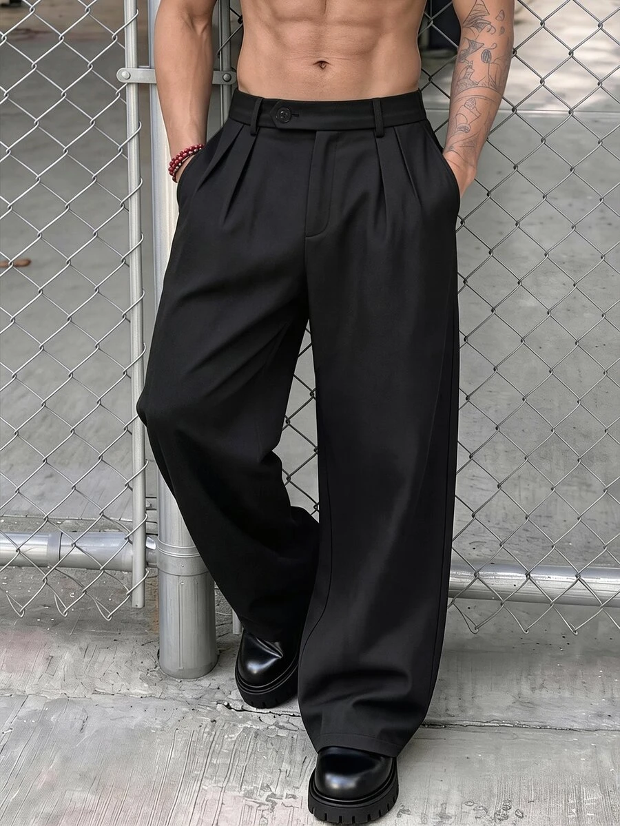SLATEMANN Men's Black Plus Size Long Pants, Multi-Belt Loop Design, Loose Casual Minimalist Versatile Straight Leg Dress Pants - Black - View 1