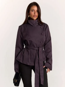 SHEIN BAE Women's Minimalist Button High Neck Long Sleeve Jacket Streetwear - Red Violet - View 1