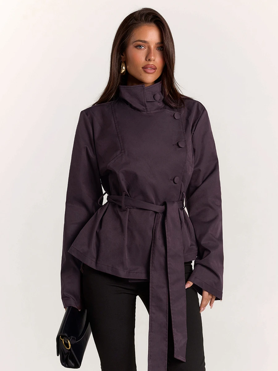 SHEIN BAE Women's Minimalist Button High Neck Long Sleeve Jacket Streetwear - Red Violet - View 1