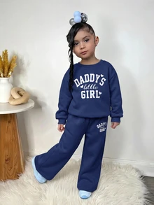 SHEIN 女童少女休閒愛心印花針織素色寬鬆落肩長袖秋季衛衣與百褶寬腿運動褲套裝 - 藍色 - 查看 6
