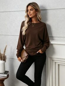 Elenzga 1pc Women's Plus Size Solid Color Round Neck Long Sleeve Casual Shirt, Suitable For Daily Indoor And Outdoor Wear In Autumn - Multicolor - View 5