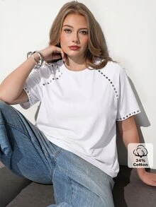 Maija Plus Size Rivet Decorated Sexy Crew Neck Short Sleeve T-Shirt For Daily Wear - White - View 3