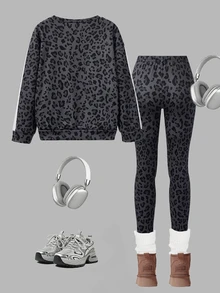 Sparklyn Leopard Print Kids 2 Pieces Set, Dark Gray Base With Classic Leopard Print, Round Neck Loose Drop Shoulder Sweatshirt, Paired With Slim Fit Long Pants, Comfortable And Casual For Daily Outings And Activities, Simple Yet Fashionable - Grey - View 2