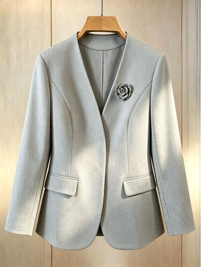 GlowEve CURVE Autumn/Winter Plus Size Women's Minimalist Collarless Blazer, Commuter Luxury Grey V-Neck Long Sleeve Suit Jacket, Faux Pocket Applique Design, Loose Fit Women's Outerwear