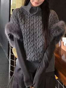 DAZY Women's Grey High Neck Cable Knit Textured Fleece Cuff Patchwork Loose Short Long Sleeve Sweater - Grey - View 3
