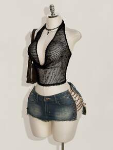 SHEIN ICON 夏季 Y2K 風格女款無袖露背素色垂領短版性感細肩帶背心上衣 - 黑色 - 查看 5