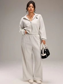 EMERY ROSE Plus Size Women's Equestrian Print Zip-Up Hoodie And Pants Casual 2 Pieces Set - Grey - View 4