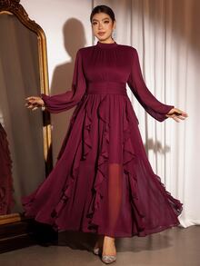 Cravure Gaun Pesta Elegan Ukuran Plus untuk Wanita, Cocok untuk Acara Perjamuan, Ulang Tahun, Kencan, Lengan Panjang dengan Hiasan Rumbai di Bagian Bawah. - Red Violet - View 1
