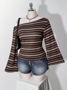 SHEIN ICON 大尺碼 Y2K 復古不對稱單肩針織收腰 T-shirt 上衣，休閒復古不對稱單肩領長袖上衣 - 彩色 - 查看 4