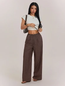 SHEIN PETITE Brown Striped Straight-Leg Trousers For Petite Women – Loose, Casual, And Suitable For Work. - Brown - View 6
