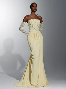 Elitara Elegant Luxurious Yellow Sexy Strapless Satin Contrast Lace Ruched Slit Back Tie-Up Braided Rope Decor Mermaid Dress For Wedding Events, Bachelorette Party, Vacation, Ball, Evening Gala - Yellow - View 3