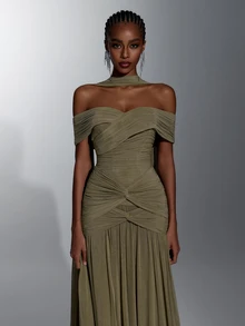 Elitara Elegant Green Minimalist Off-Shoulder Slimming Ruched Asymmetrical A-Line Dress With Waist Twist (Includes Detachable Halter Neck Drape) Suitable For Weddings, Formal Events And Heavy-Embellished Evening Gowns - Olive Green - View 7