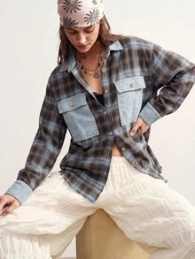 Bohemela Casual Woven Patchwork Loose Fit Women's Shirt - Blue - View 9