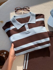 Comfortcana Women's Striped Long Sleeve Polo Collar Sweater And Knitted Skirt 2 Pieces Set - Multicolor - View 4
