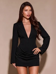 SHEIN BAE 時尚優雅通勤西裝外套，粉色西裝洋裝，長袖 + 迷你裙，職場氣場洋裝，回歸辦公室，粉色套裝洋裝，約會之夜 / 婚禮賓客 - 黑色 - 查看 7