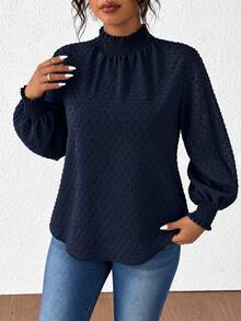 Elenzga Blus Wanita Ukuran Besar Warna Polos Kasual Minimalis Bertekstur Tenun dengan Potongan, Cocok untuk Jalan-jalan dan Bepergian - Navy Blue - View 3