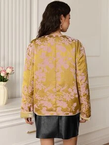 EastFlair Women's New Chinese Style Elegant Jacquard Frog Button Open Front Jacket Dinner Date Night Pink And Gold Fall Fall/Winter Chinese Style - Multicolor - View 5