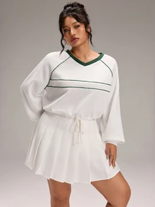 EMERY ROSE Plus Size Women's Colorblock Casual Everyday Long Sleeve T-Shirt - White - View 3
