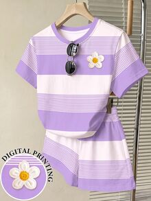 青少年女孩休閒舒適紫色條紋3D花卉圖案寬鬆圓領T恤與寬鬆短褲2件套，適合日常穿著、外出、校園、返校，甜美酷感慵懶女孩風，輕鬆時尚 - 彩色 - 查看 1