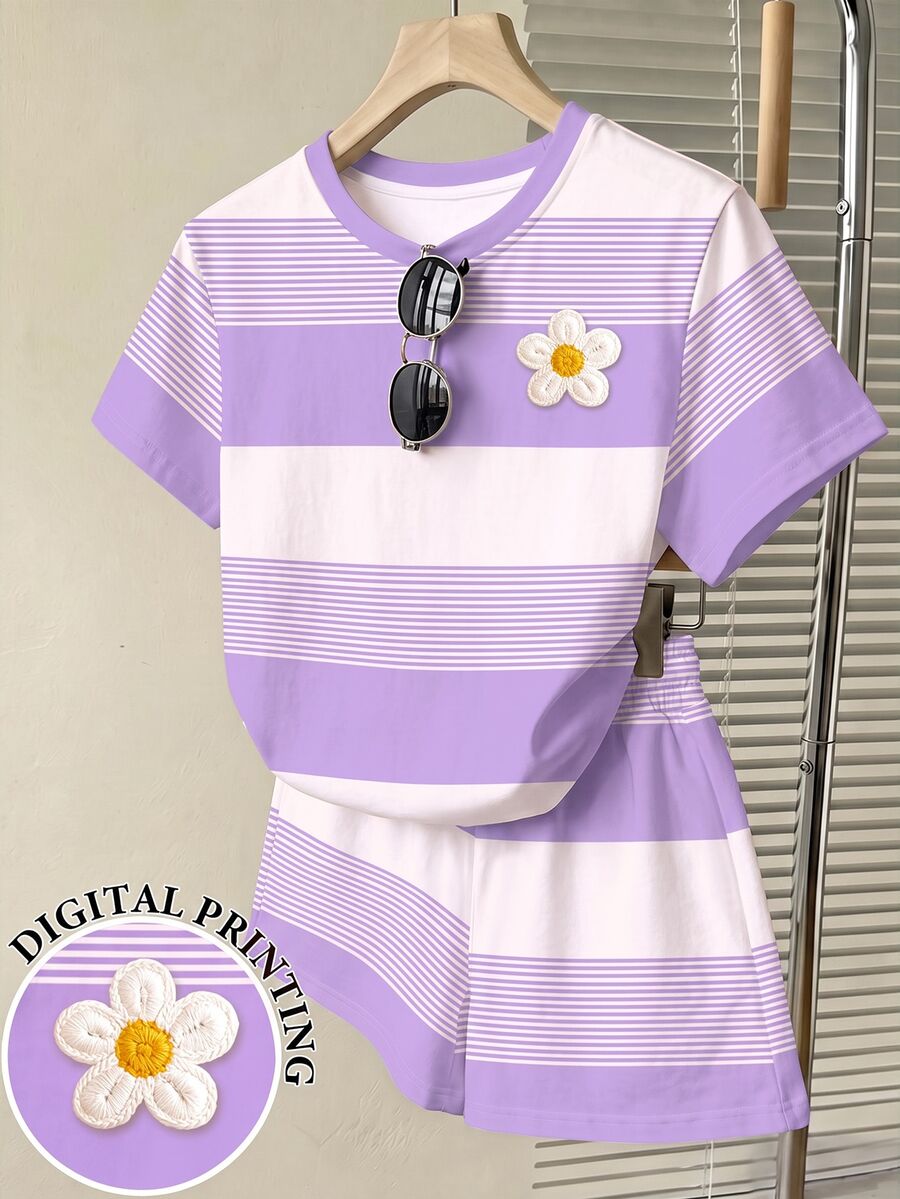 青少年女孩休閒舒適紫色條紋3D花卉圖案寬鬆圓領T恤與寬鬆短褲2件套,適合日常穿著、外出、校園、返校,甜美酷感慵懶女孩風,輕鬆時尚 - 彩色 - 查看 1