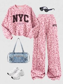 粉色時尚運動風拼色字母 NYC 圖案印花，青少年女孩休閒柔軟舒適寬鬆圓領套頭衛衣與寬腿褲運動套裝，適合秋冬日常、街頭、新風格、時尚女孩、校園時尚返校 - 白色 - 查看 3