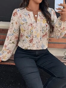 SHEIN LUNE 大尺碼四季百搭印花優雅休閒圓領小V領簡約女款長袖上衣 米色 適合辦公通勤 - 彩色 - 查看 5