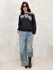 BAD SUNDAY Women's Autumn/Winter Star Pattern High Neck Long Sleeve Cropped Sweater, Y2K Hot Girl Style - Black - View 1