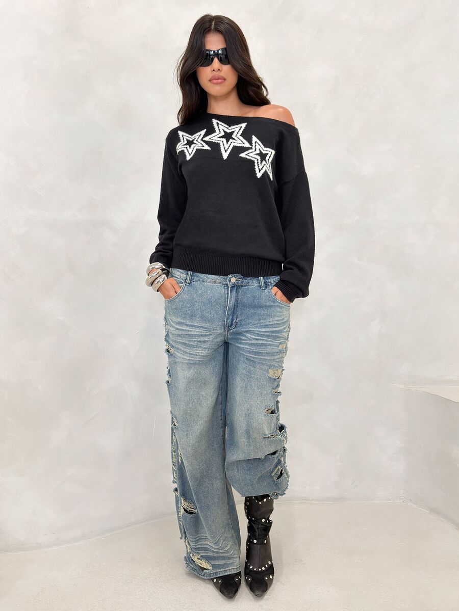 BAD SUNDAY Women's Autumn/Winter Star Pattern High Neck Long Sleeve Cropped Sweater, Y2K Hot Girl Style - Black - View 1