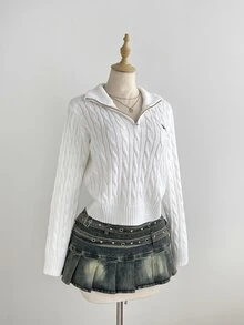 Elamini 女款秋冬時尚百搭日常拍照風學院風休閒慵懶極簡半開襟套頭毛衣 - 白色 - 查看 5