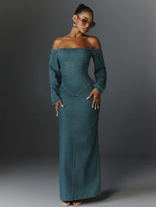 NYA SZN Denim Dress Maxi Cold Shoulder Long Sleeve Holiday Festival Special Occasion Everyday Casual Work Concert Going Out Club Party Medium Wash Fall Winter - Dark Wash - View 3
