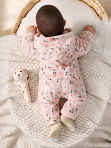 SHEIN 新生兒男嬰/女嬰可愛秋冬休閒白色毛茸茸卡通熊圖案連帽連身衣居家服 - 淺粉色 - 查看 2