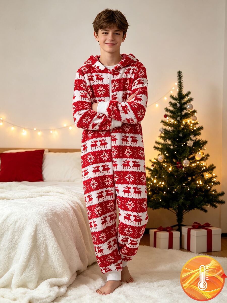 Tween Boy Flannel Pajamas Autumn/Winter Fleece Ribbed Zipper Hoodie Print Allover Christmas Reindeer Snowflake Sets - Red - View 1