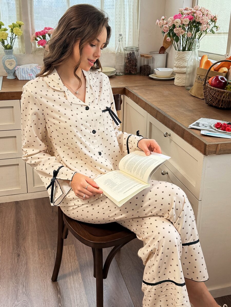 Snug Reverie Women's Apricot Star Print Romantic Fresh Style Long Sleeve & Long Pants Pajama Set, Bow Design On Cuffs And Ankles, Suitable For All Seasons, Home And Outdoor Wear - Apricot - View 1