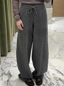 Livesso Women's Solid Color Drawstring Elastic Waist Fashion Knit Straight Leg Pants - Dark Grey - View 4