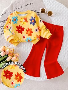 SHEIN Playful Pals 2件組女嬰休閒時尚簡約甜美橘色與紅色3D仿刺繡花卉印花圓領衛衣與純色喇叭褲套裝，適合秋冬日常戶外穿著，百搭百搭時尚 - 彩色 - 查看 4