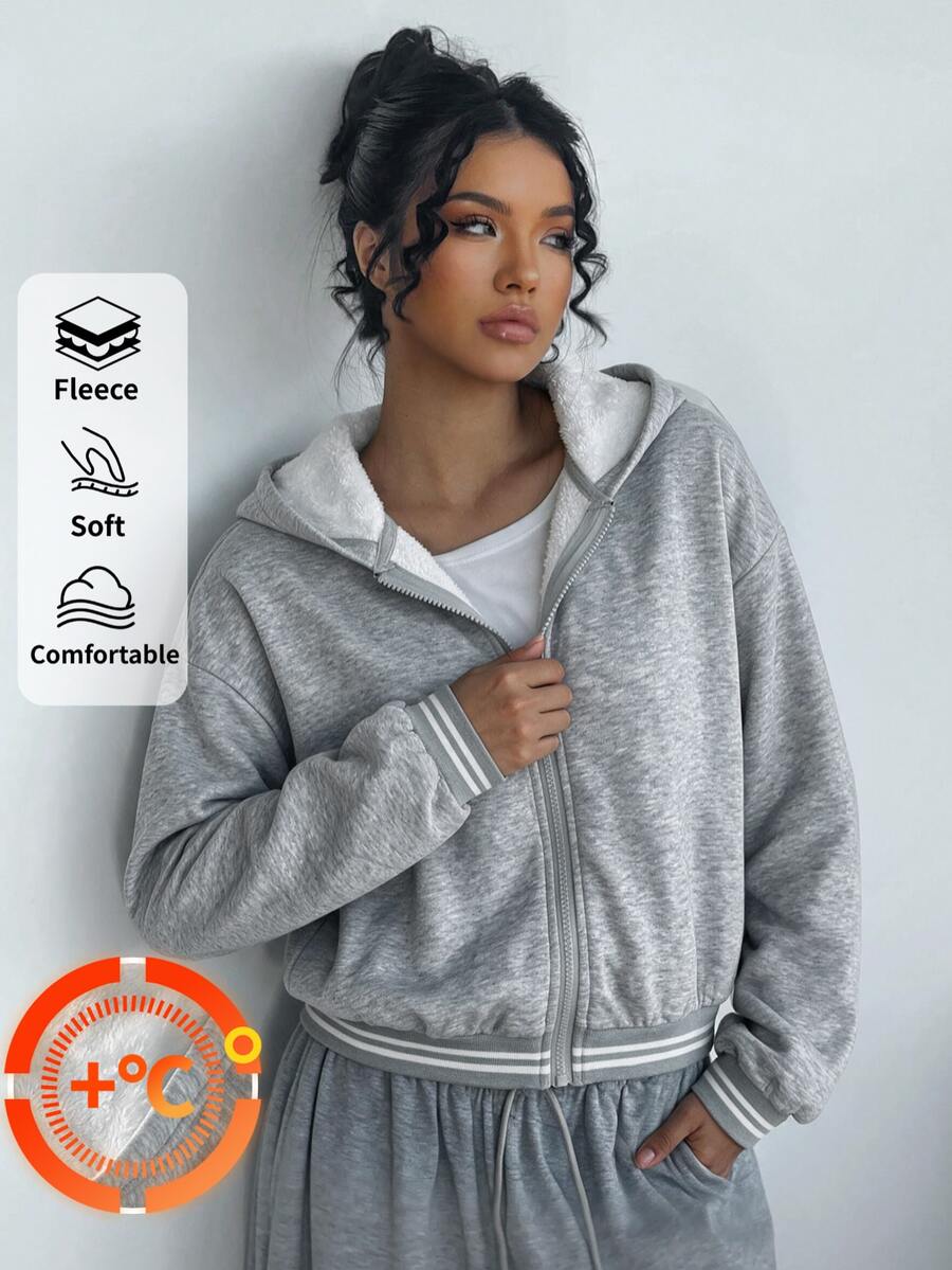 SHEIN BASICS Sweatshirt Fleece Wanita Nyaman dengan Resleting Penuh, Hangat dan Nyaman untuk Pemakaian Sehari-hari di Musim Gugur/Dingin - Grey - View 1