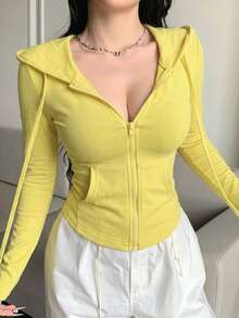 DAZY Valentine's Day Women's Fitted Zip-Up Hoodie T-Shirt T-Shirt - Yellow - View 2