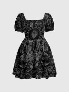 ROMWE Grunge Punk Skull Forest Gothic Court Dark Style Plus Size Square Neck Dress - Black - View 5