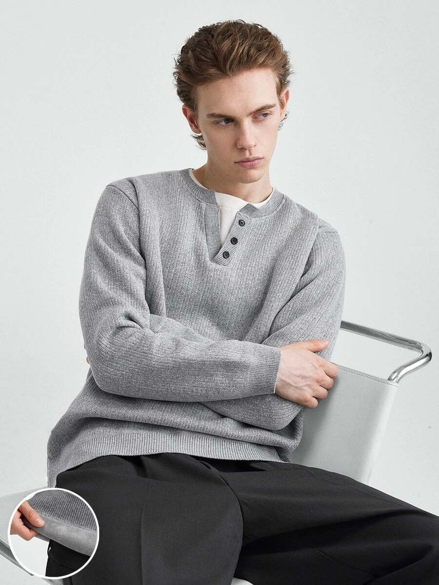 Manfinity Mode Sweater Lengan Panjang Pria Warna Polos Kasual Serbaguna untuk Pemakaian Sehari-hari - Light Grey - View 1